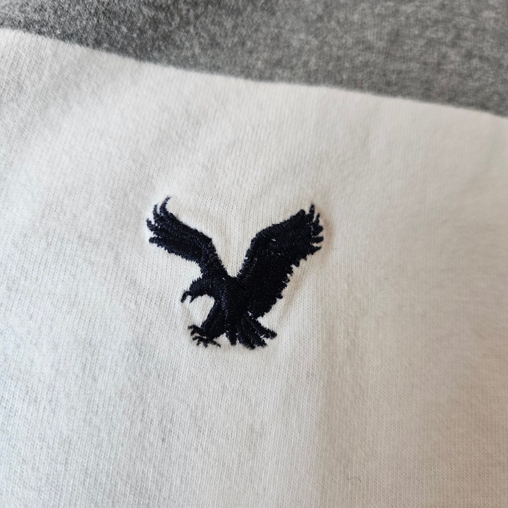 American Eagle Long Sleeve Gray White Striped Eagle Polo Mens XL Rugby Preppy - Picture 6 of 6